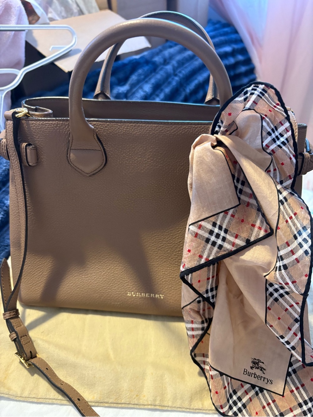 Burberry Taupe Leather Satchel with Classic Check Scarf